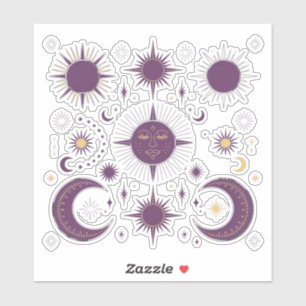Gouden & Paarse Boho Hemelse Zon & Maan Scrapbook Sticker