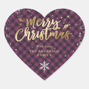 Gouden Paarse Buffel Plaid Sneeuwvlok Kerstmis Hart Sticker