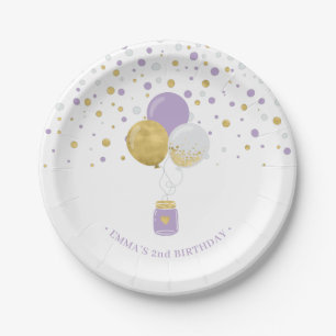Gouden & Paarse Confetti Ballonnen 1e Verjaardag Papieren Bordje