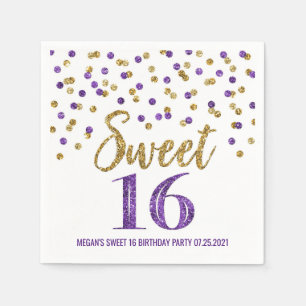 Gouden Paarse Confetti Sweet 16 Verjaardag Servet