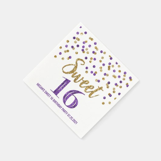 Gouden Paarse Confetti Sweet 16 Verjaardag Servet (Hoek)