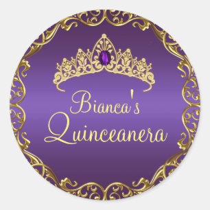 Gouden & Paarse Edelsteen Tiara Quinceanera Sticke Ronde Sticker