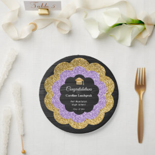 Gouden & Paarse Glitter Bloemen Afstudeerdag Papieren Bordje