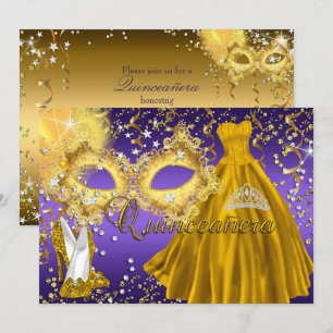 Gouden Paarse Masker Masquerade Quinceanera Uitnod Kaart