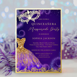 Gouden Paarse Maskerade Feestjurk Quinceanera Foi Folie Uitnodiging