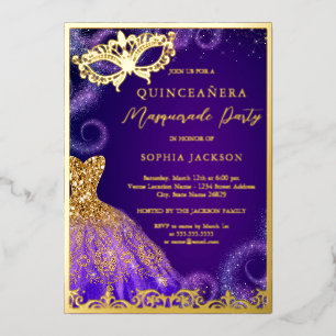 Gouden Paarse Maskerade Feestjurk Quinceanera Folie Uitnodiging