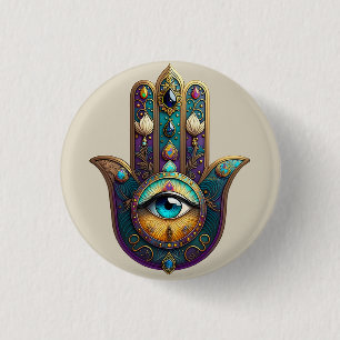 Gouden Paarse Teal Hamsa met Turquoise Derde Oog Ronde Button 3,2 Cm