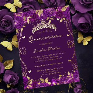 Gouden Paarse wervelrol Floral Quinceanera Folie Uitnodiging
