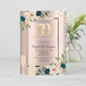 Gouden pailletten, Blauwe Rozen Champagne 50e verj Kaart (Staand voorkant)