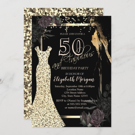 Gouden pailletten jurk donkere Rozen 50ste verjaar Kaart (Voorkant / Achterkant)