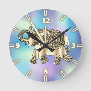 Gouden Paisley Bloem Motief Olifant,Blauw Holograf Ronde Klok