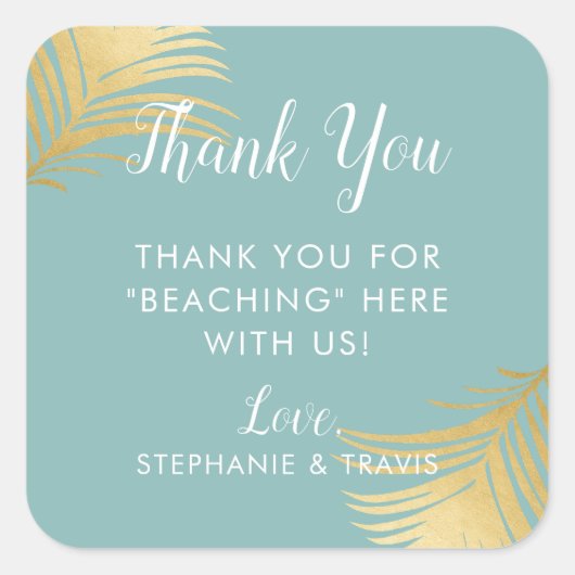 Gouden palm bladeren strand bruiloft welkom dank u vierkante sticker (Voorkant)