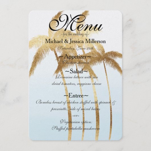 Gouden Palm Bomen Ombre Bruiloft Menu (Voorkant)