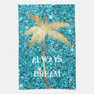 Gouden Palm Tree Dream Aqua Glitter Theedoek