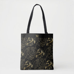 Gouden Palmblad Tropisch Patroon   Modern Monogram Draagtas