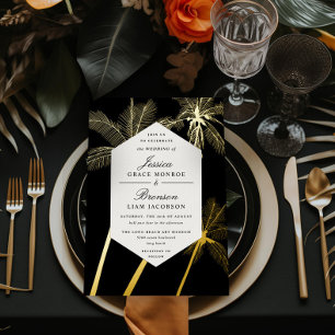 gouden palmbomen verfijnde tropische bruiloft folie uitnodiging