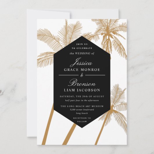 gouden palmbomen verfijnde tropische bruiloft kaart (Voorkant)