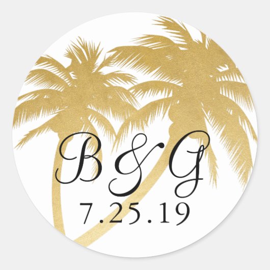 Gouden palmboom Tropisch strand Monogram Favor Lab Ronde Sticker (Voorkant)