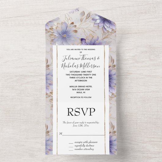 gouden parel wit paarse bloemen all in one uitnodiging (Binnen)