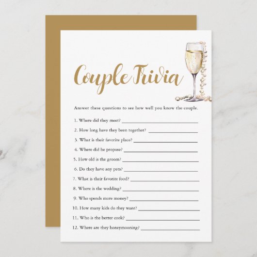 Gouden Parels & Prosecco Paar Trivia Bruidsspel Kaart (Voorkant / Achterkant)