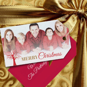 Gouden patrijs rode winterboom Kerstmis foto Cadeaulabel