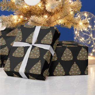 Gouden Pauw Kerstbomen Obsidiaan Nacht Cadeaupapier