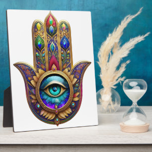 Gouden Pauw Kleuren Hamsa Groene Saffier Derde Oog Fotoplaat