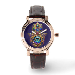 Gouden Pauw Kleuren Hamsa Groene Saffier Derde Oog Horloge