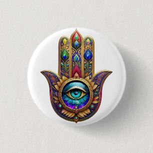 Gouden Pauw Kleuren Hamsa Groene Saffier Derde Oog Ronde Button 3,2 Cm
