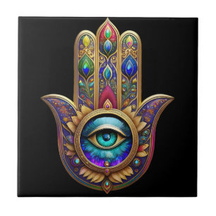 Gouden Pauw Kleuren Hamsa Groene Saffier Derde Oog Tegeltje