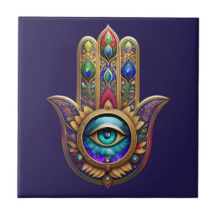 Gouden Pauw Kleuren Hamsa Groene Saffier Derde Oog Tegeltje