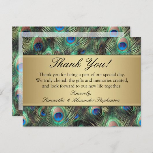 Gouden Peacock Feather Bruiloft/Dank u Briefkaart (Voorkant / Achterkant)