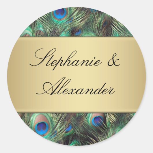 Gouden Peacock Feather Bruiloft Envelope Seal Ronde Sticker (Voorkant)