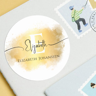 Gouden penseelstreek Wit Monogram Zwart Script Naa Ronde Sticker