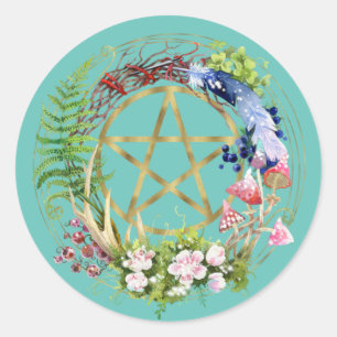 Gouden Pentakel Natuurkrans Bloemen Boheemse Ronde Sticker