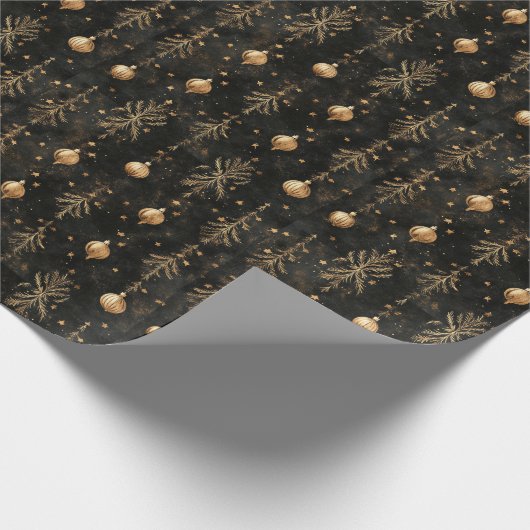 Gouden pijnbomen en Ornamenten Kerst Cadeaupapier (Hoek)