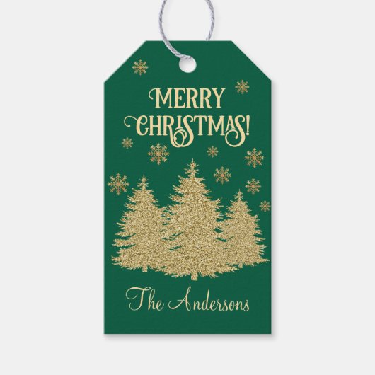 Gouden Pijnbomen Gouden Sneeuwvlokken Cadeaulabel (Voorkant)