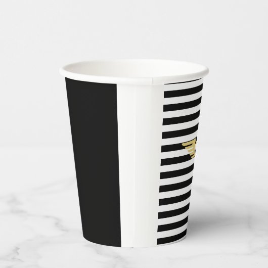 Gouden pilootvleugels zwart-witte strepen en goud papieren bekers (Rechts)