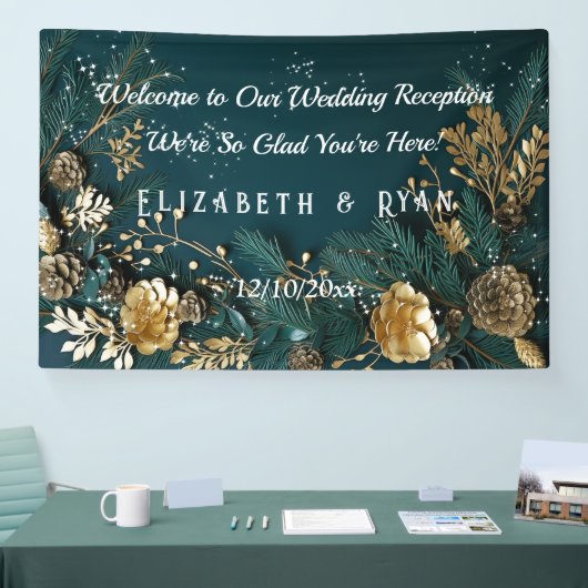 Gouden Pinecones Pine Branches Hunter Groen Welkom Spandoek (Beurs)