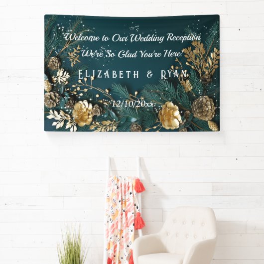 Gouden Pinecones Pine Branches Hunter Groen Welkom Spandoek (Insitu)