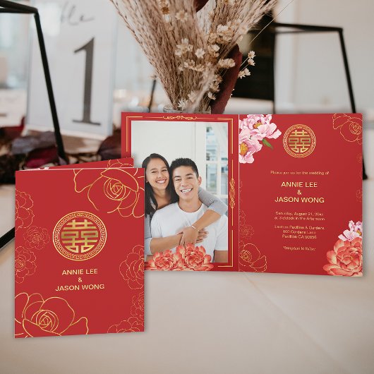 Gouden Pioen Dubbel Geluk Chinese Bruiloft