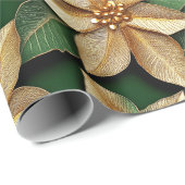 Gouden Poinsettia Bloem op Groene Kerstmis Cadeaupapier (Rol Hoek)