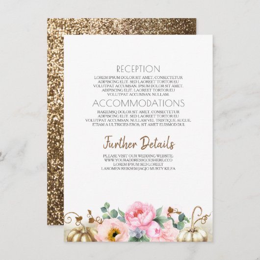 Gouden Pompoen Roze Bloemen Vaas Bruiloft Informat Informatiekaartje (Voorkant / Achterkant)