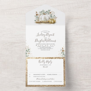 Gouden pompoenen en Eucalyptus bladeren herfst bru All In One Uitnodiging