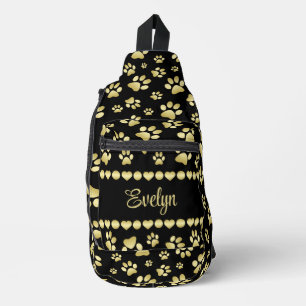Gouden pootafdrukken op zwart met eigen naam sling bag