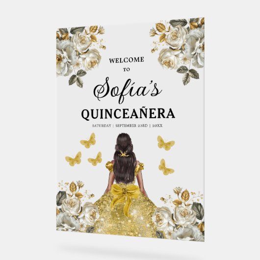 Gouden Prinses Quinceañera Verjaardag Welkom Acryl Bord (Hoek)
