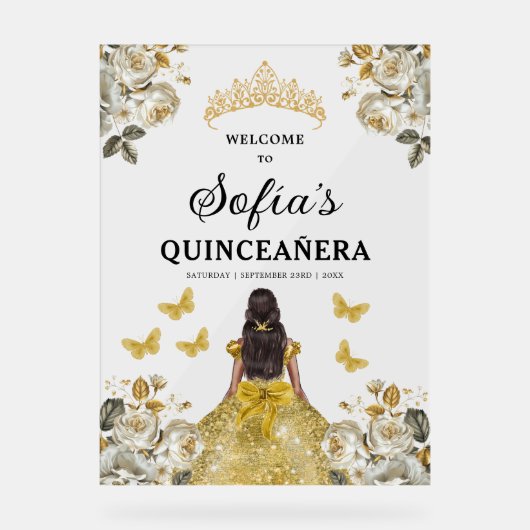 Gouden Prinses Quinceañera Verjaardag Welkom Acryl Bord (Voorkant)