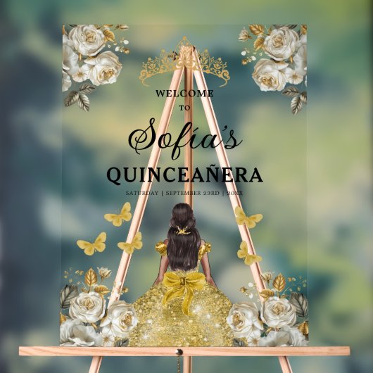 Gouden Prinses Quinceañera Verjaardag Welkom Acryl Bord (Neutraal)