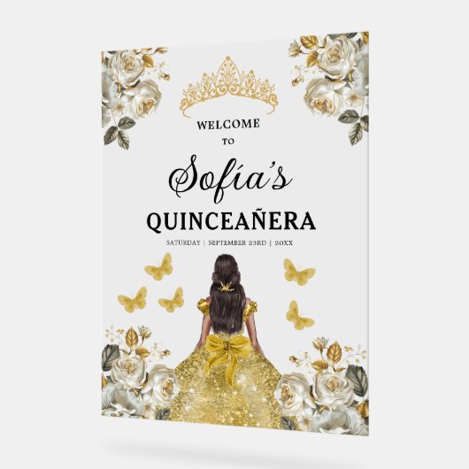 Gouden Prinses Quinceañera Verjaardag Welkom Acryl Bord (Hoek)