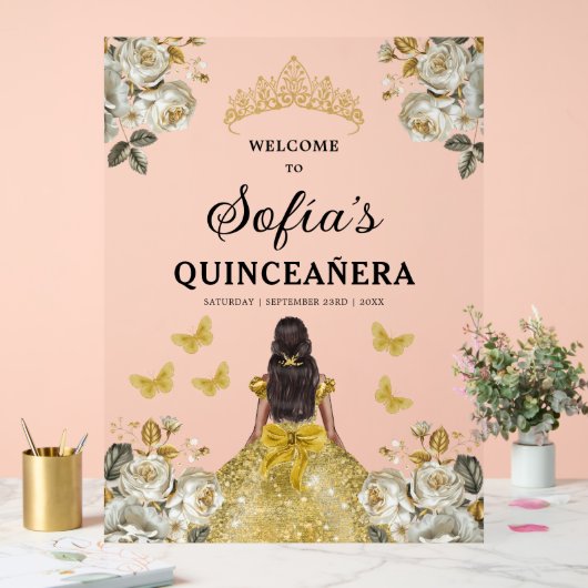 Gouden Prinses Quinceañera Verjaardag Welkom Acryl Bord (Huwelijk)